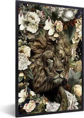 Produktbild von MuchoWow® MuchoWow® Gerahmtes Poster Löwe - Blumen - Farben 20x30 cm - Poster mit zchwarzem Bilderrahmen - Drucken - Bilder Poster im Rahmen