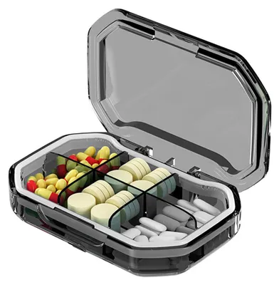 Produktbild von Tägliche Pillenbox, tragbare Pillendose mit 6 Fächern, Mini-Pillenbehälter für die Hosentasche, Medikamentenbox, grau