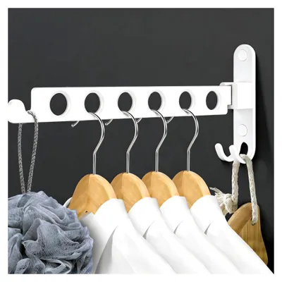 Produktbild von Kleiderhaken Wand Klappbar Weiß, Kleiderlüfter Klappbar & Kleiderstange Wandmontage aus Aluminium für Balkon, Außen und Badezimmer, 1-Stück