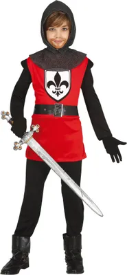 Produktbild von Ritter Abenteuer Kostüm Mittelalter Karneval Heldenkleidung Mit Schwert Kapuze Pants Rüstungsgürtel Für Fasching Mittelalter Fan Artikel, Größe: 128/134 Farbe: Rot