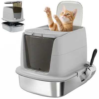 Produktbild von Katzentoilette Edelstahl, geschlossene Katzentoilette mit Schaufel, Geruchsbeutel, Einstieg Ausgang