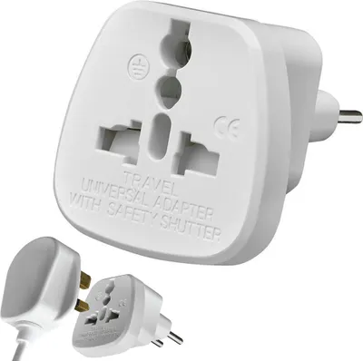 A white universal travel adapter with multiple plug types and two smaller adapters shown separately.