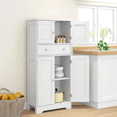 Zdjęcie produktu dla Wysoka szafka kuchenna, nowoczesny design, biały kolor, wymiary 60x30x128 cm. Bufet/szafka serwantka wykonana z płyty drewnopodobnej, z szufladą i regulowanymi półkami, idealna jako szafka na zapasy