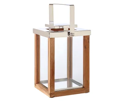 Produktbild von Laterne Windlicht Miami mit klappbarem Griff, Holz und Edelstahl glänzend vernickelt, Höhe 36 cm