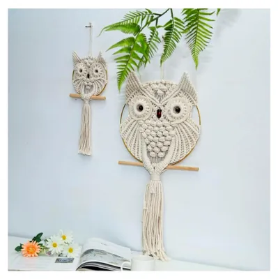 Produktbild von Makramee Wandbehang Eule, Gewebte Böhmische Tapisserie Beige, Wanddekoration 15*45 cm, Boho Deko Traumfänger Wandteppich für Wohnräume