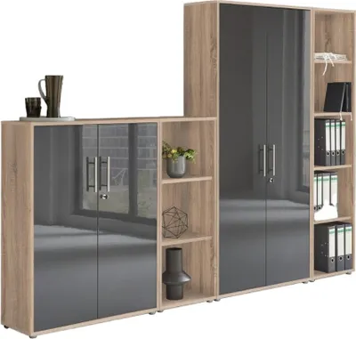 A modular office cabinet system with a wood-grain finish and dark, glossy doors, displayed against a white background.