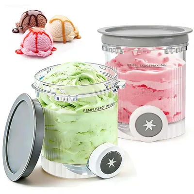 Obrázek produktu pro 2 kusy nádob o objemu 480 ml pro zmrzlinové stroje Ninja Creami řady NC701 a NC700 – bez BPA, vhodné do myčky. Příslušenství pro zmrzlinové stroje (balení po 2 kusech s šedými víčky)