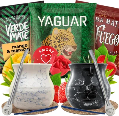 A collage of yerba mate products, including packaging, cups, and fruit.