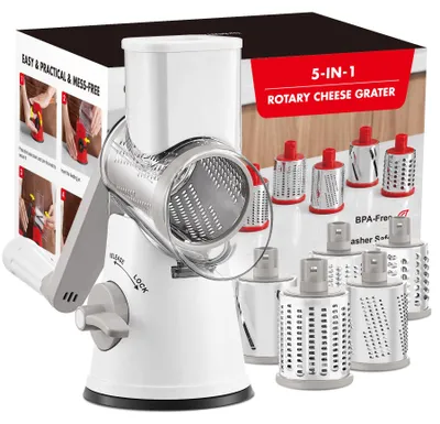 Produktbild von Käsereibe mit Kurbel, Gemüseschneider mit 5 Trommelblättern, Gemüsehobel für Käse, Eis, Nuss, Gurke, Karotte, Grau
