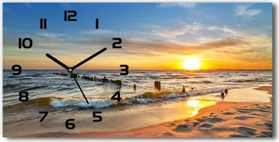 Produktbild von Wanduhr aus Glas – 60x30 cm - Glasbild - Glasuhr - Gehärtetes Glas - schwarze-zeiger - Sonnenuntergang am Strand