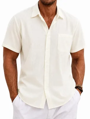 Productafbeelding van Heren Linnen Shirt - Korte Mouwen - Beige