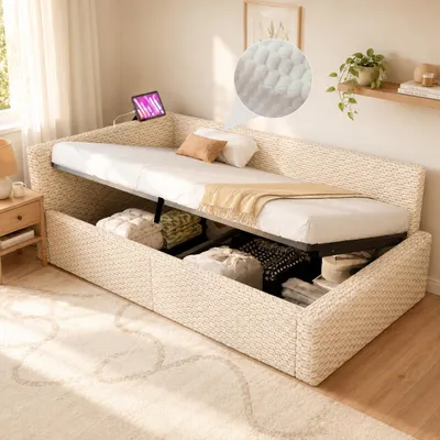 Produktbild von Flieks Schlafsofa 90x200cm mit Led und Ladeanschlüssen, Polsterbett Hydraulikbett mit Stauraum, Tagesbett Einzelbett mit Rückenlehne, Samt, Beige