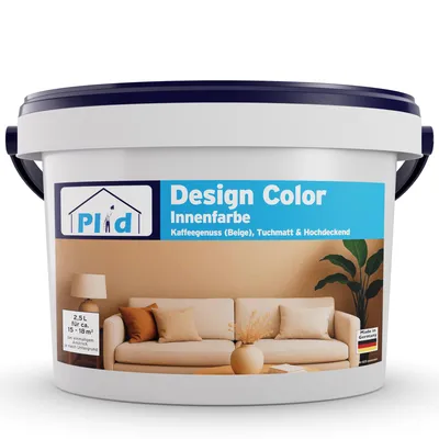 Produktbild von Plid Design Innenfarbe Matt Beige 2.5L für ca. 18 m² [HOHE DECKKRAFT] Designcolor Wandfarbe - Innenfarbe "Kaffeegenuss" in Profi Qualität - Innenfarbe