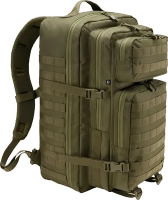 A studio shot of an olive green backpack.