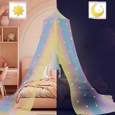 Produktbild von Famanu Kinderzimmer-Sichtschutz Regenbogen-Bettvorhang mit leuchtenden Sternen - große Moskitonetz-Bettdecke