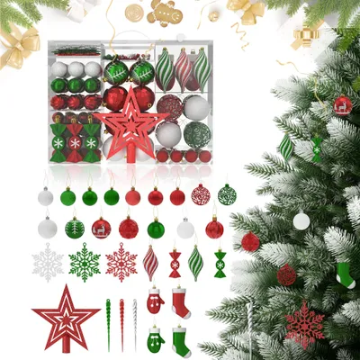 Produktbild von LZQ 138er Weihnachtskugeln Set Klassische Weihnachtsfarben, Kunststoff Christbaumschmuck mit Baumspitze, Bruchsicher & Wiederverwendbar, Verschiedene Formen