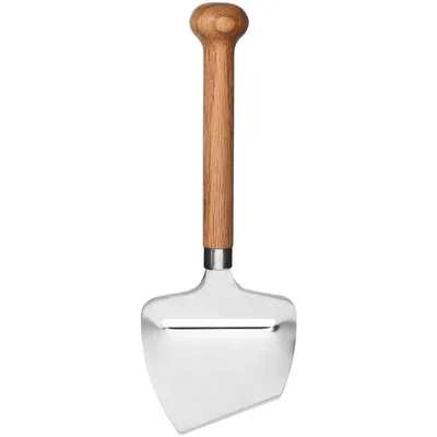 A cheese slicer with a wooden handle against a white background.