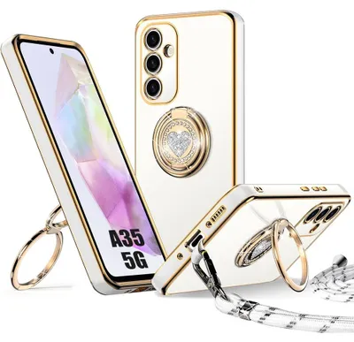 Image de Coque pour Samsung Galaxy A35 5G, Protection Silicone Anti-Rayures avec Anneau Motif Coeur Brillant et Cordon - Blanc