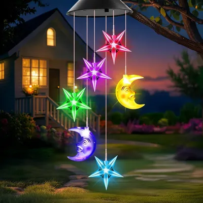 Produktbild von Solar Windspiel Stern Mond für Außen Garten Balkon Deko Wetterfest Hängend 6 LED Lichter Farbwechsel