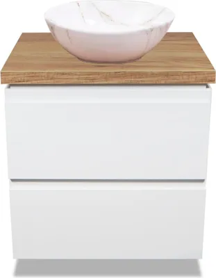 A white vanity cabinet with a wooden countertop and a marble-effect basin on top.