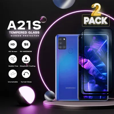 A Samsung Galaxy A21s phone and two screen protectors are displayed against a dark background with neon lighting.
