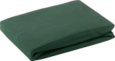 A folded dark green fitted sheet on a white background.