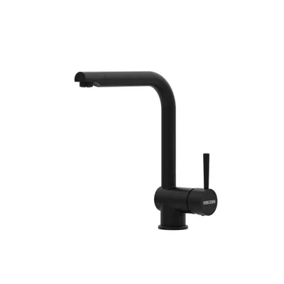 A black kitchen faucet is shown against a white background.