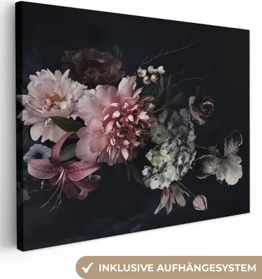 Produktbild von MuchoWow® - Leinwandbilder - Blumen - Vintage - Pastell - Rosa - Weiß, Wandbild, Wanddeko Bilder Wohnzimmer, 120x90 cm
