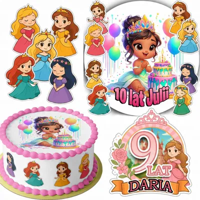 Produktbild von Zestaw Opłatek Na Tort 20Cm + 16 Postaci - Księżniczka + Imię 15Cm 18Cm