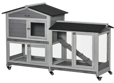 Image de Cage à lapins - Enclos pour lapins - Cage pour petits rongeurs - Cage pour animaux - Cage en bois - Sur roulettes - 2 niveaux
