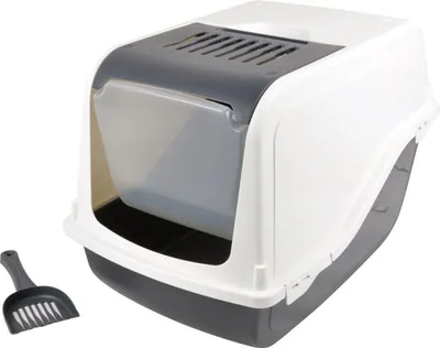 A cat litter box with a scoop on a white background.