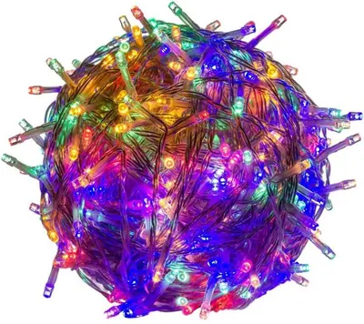 A spherical mass of colorful LED string lights.