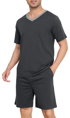 Image de Pyjama pour homme - Ensemble en coton, manches courtes avec poches - Gris foncé