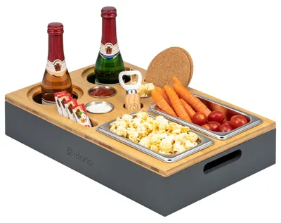 Image de Plateau de service eluno Couchbar, plateau de canapé en bambou avec bols à apéritif en acier inoxydable et porte-gobelet, gris
