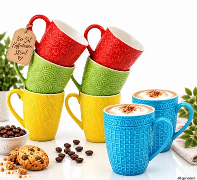 Produktbild von Kaffeetassen 8er Set 380 ml – Bunte Kaffeebecher aus Keramik mit Reliefmuster – Große Tassen mit Henkel für Kaffee, Tee und Cappuccino
