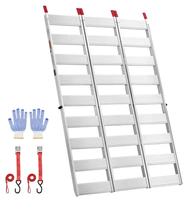 Zdjęcie produktu dla Rampa załadowcza VEVOR, aluminiowa, 1945 x 1260 mm, trójsekcyjna, z pasami, antypoślizgowymi podkładkami gumowymi i udźwigiem 680 kg, idealna do samochodów pick-up, motocykli i traktorów