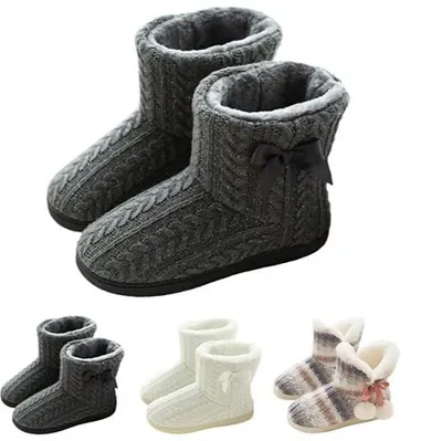 Produktbild von Hausstiefel Damen Plüsch Gefüttert Hausschuhe Feste Sohle rutschfest-grau