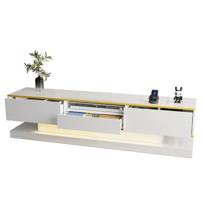 Produktbild von Moderner TV-Schrank(Weiss,180*38*45cm)mit drei Schubladen und einem offenen Fach - Hochglanz mit farbwechselnden LED-Leuchten