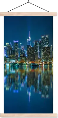 Produktbild von MuchoWow® Textilposter New York - Skyline - Amerika 60x120 cm mit holzfarbenen Rahmen - Holz
