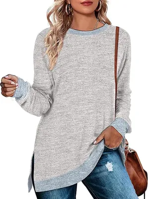 Produktbild von ASKSA Damen Langarmshirt Rundhals Einfarbiges Blusen Freizeit Langarm Lose Tunika Pullover, Hellgrau, L