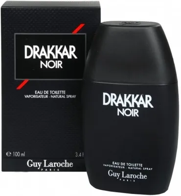 A black bottle of Drakkar Noir cologne and its packaging are displayed against a white background.