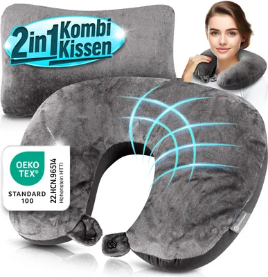 Produktbild von Heimwert Reisekissen - 2in1 Memory Foam Nackenkissen Stützkissen,Nackenhörnchen, 31x21 cm - Travel Pillow für Flugzeug, Camping, Reise - Ergonomisches Kopfkissen 1 Stk
