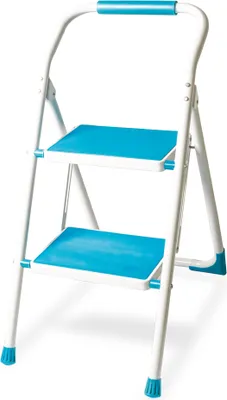 A white and blue two-step stepladder is shown against a white background.