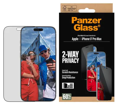 Zdjęcie produktu dla PanzerGlass ® 2-Way Privacy Screen Protector iPhone 17 Pro Max | Ultra-Wide Fit w. EasyAligner, Apple, Apple - iPhone 17 Pro Max, Aplikacja na sucho, Odporny na zadrapania, Odporny na wstrząsy, Przezroczysty, 1 szt.