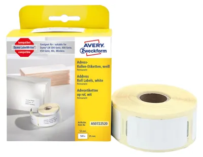 Produktbild von Avery Zweckform AS0722520, Rollen-Etiketten, 25 x 54 mm, 500 Etiketten / 1 Rolle, weiß
