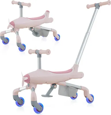 Produktbild von DREAMADE 2-in-1-Kinderauto, Fußgesteuertes Schiebeauto mit LED-Leuchten, klappbaren Fußstützen, ab 18 Monate, belastbar bis 50kg (Rosa)