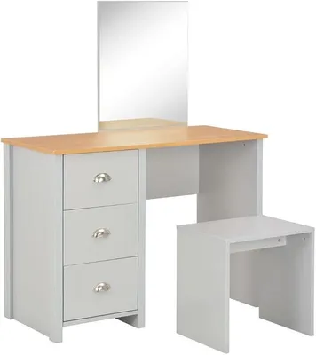 Image de Table de maquillage avec miroir et tabouret, couleur gris, dimensions 104x45x131 cm. Commode de maquillage en bois mélaminé avec 3 tiroirs, idéale pour ranger dans la chambre