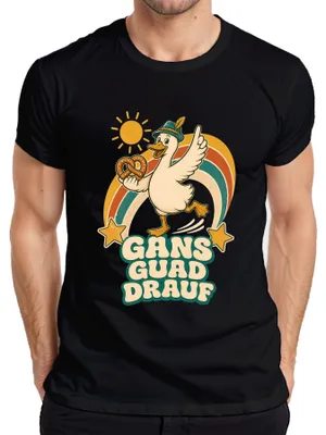 Imagen del producto de Camiseta para hombre, diseño "Gans Guad Drauf", con motivos de Baviera, pretzel, traje tradicional, Alpes, pantalones de cuero. Color: . Talla: S