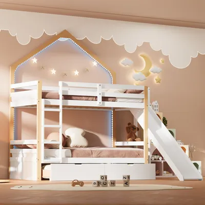 Produktbild von Flieks Etagenbett 90x200cm mit LED, Kinderbett Hochbett mit Rutsche und 2 Schubladen, Hausbett Stockbett Holzbett Einzelbett mit Lattenrost, Weiß