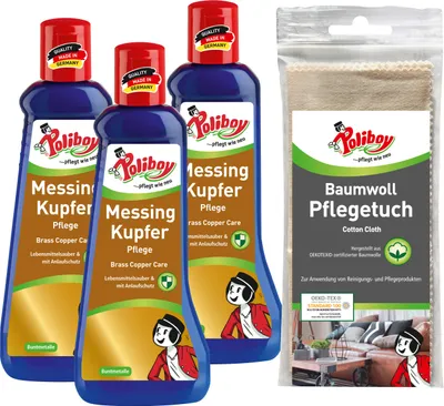 Produktbild von Poliboy Messing Kupfer - 3x200 ml - zur Reinigung und Pflege von Messing und Kupfer - mit Anlaufschutz - mit Baumwolltuch - 99A4801